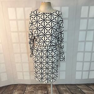 Boden Black White Long Sleeve Keyhole Back Geometric Print Blouson Dress Size 4